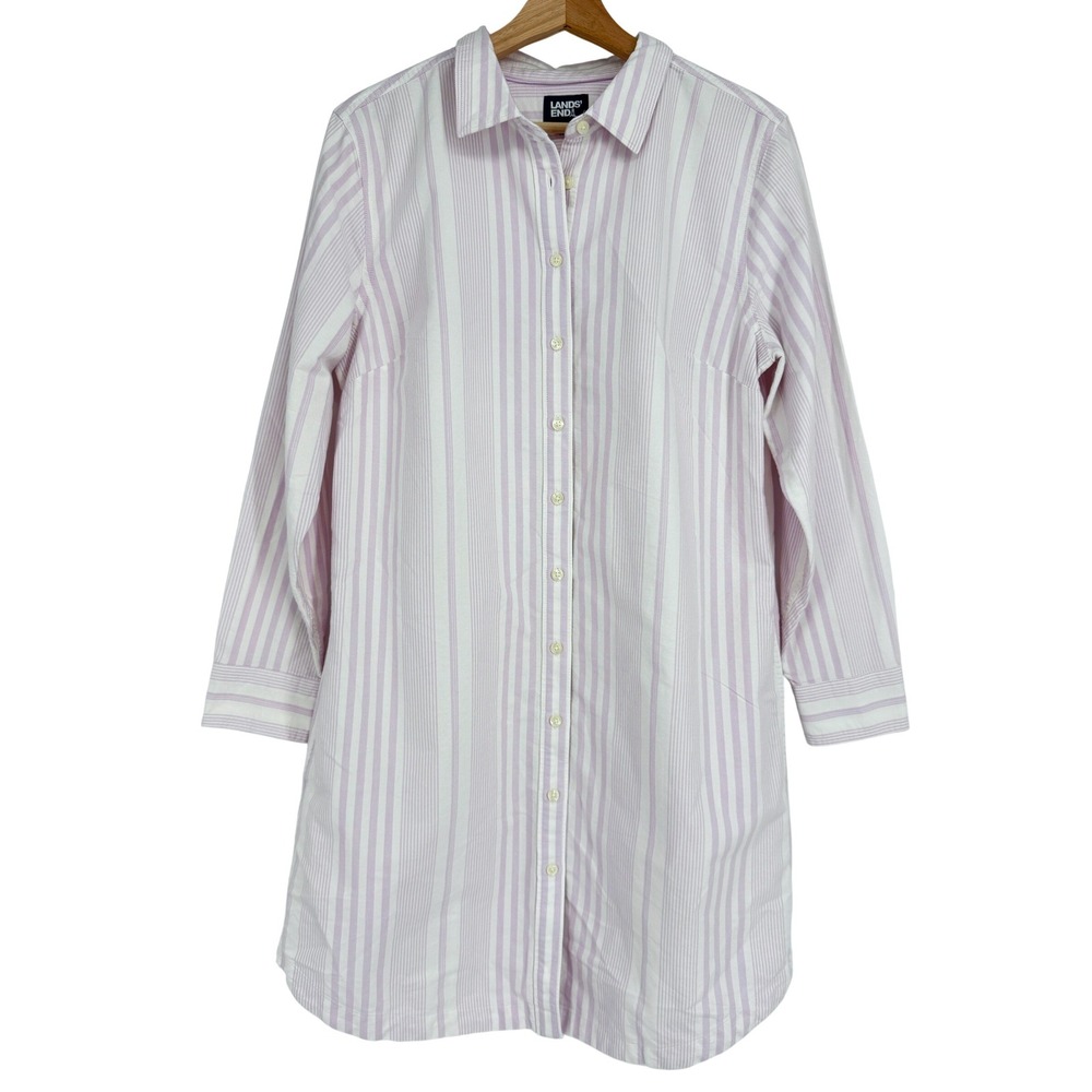 Lands' End Women's Oxford Long Sleeve Button Front‎ Shirt Dress Sz MP Lavender
